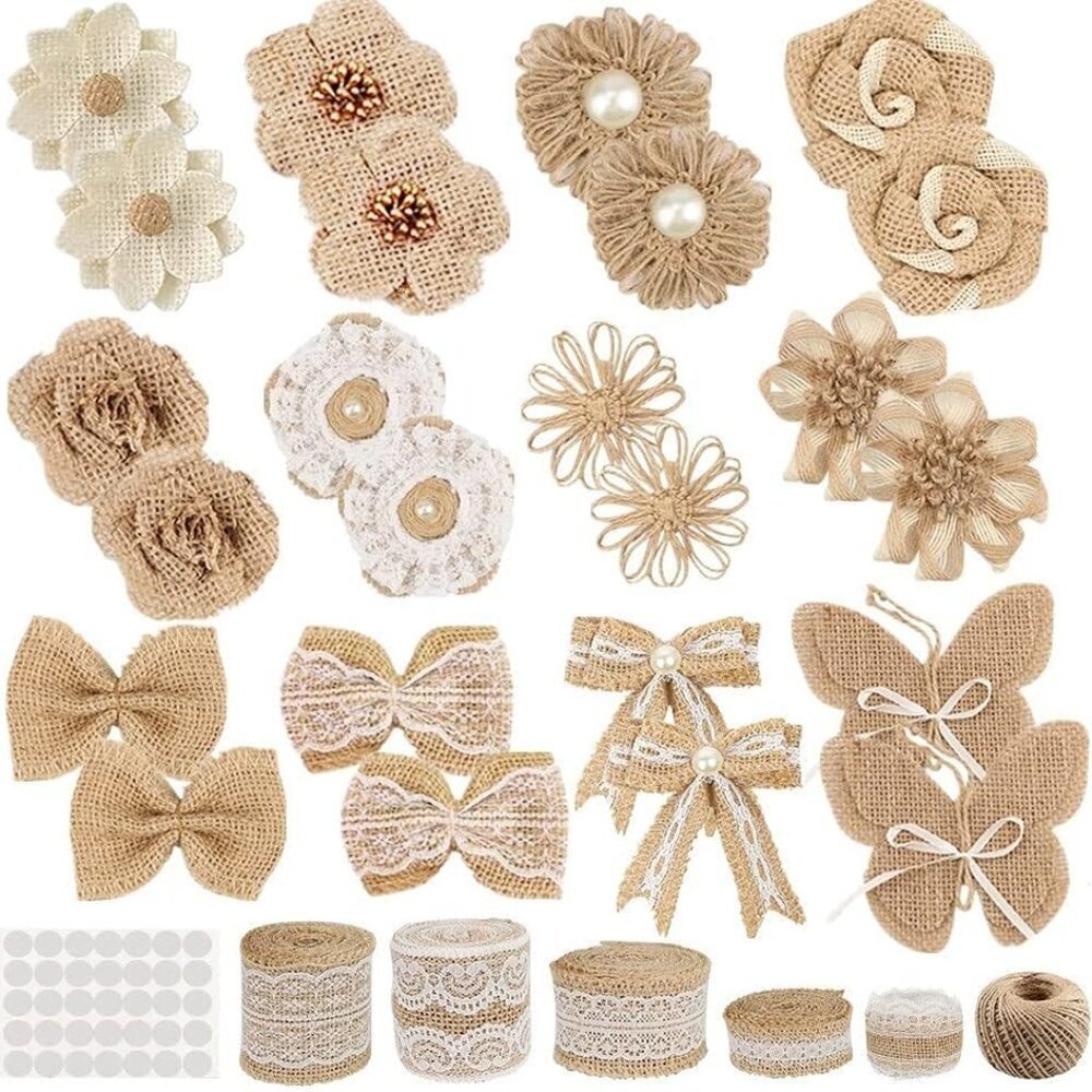 30PCS Burlap Hessian Flowers Set, Include 24 Burlap Flowers and Bowknots, 5 Lace